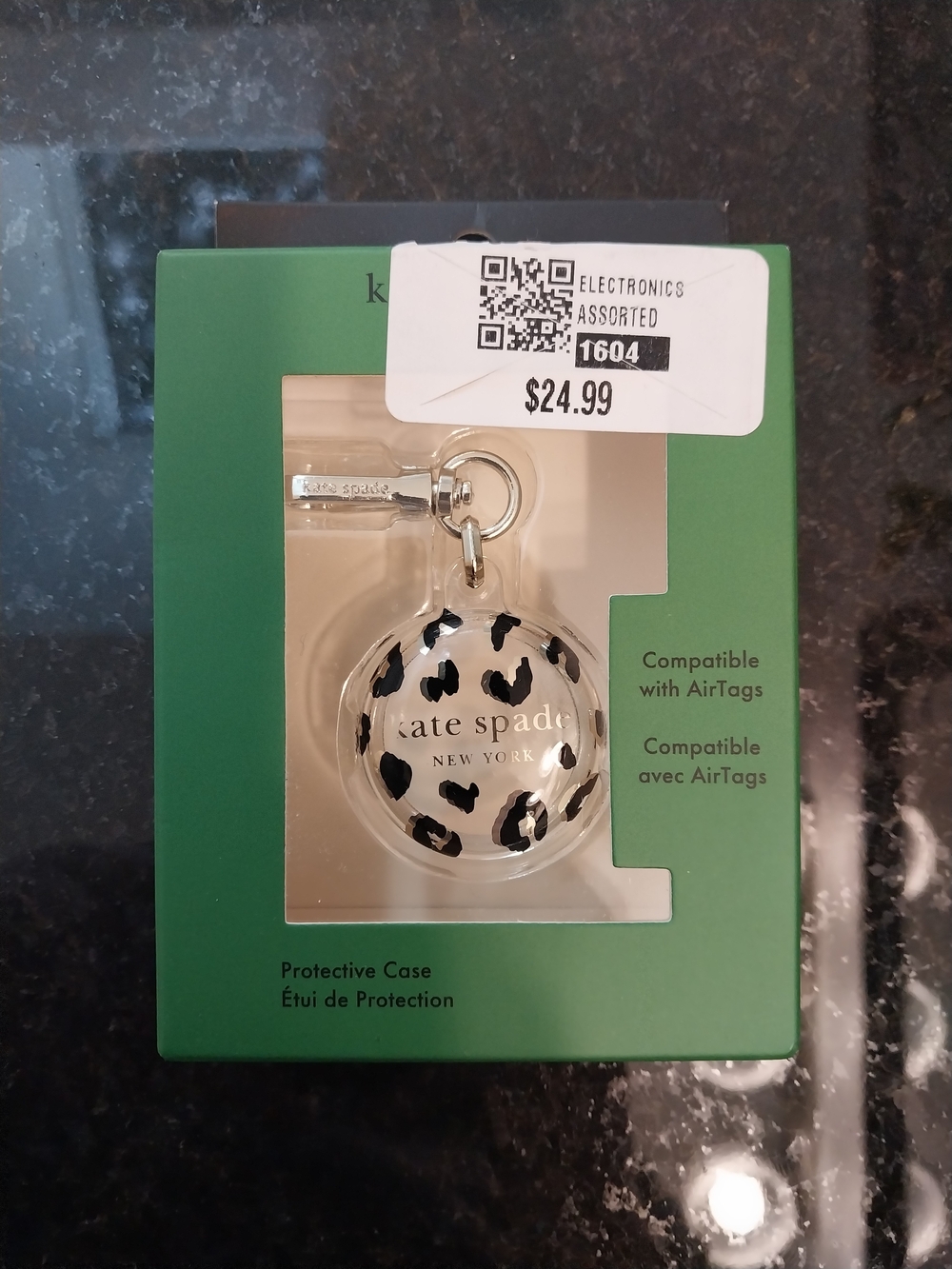 Kate Spade Clear AirTag Case with Black Leopard Spots